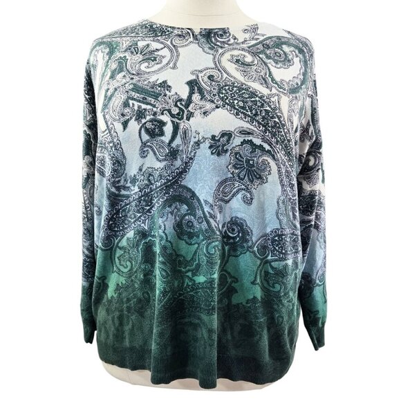 Chico's Green Blue Paisley Ombre Effect Drop Shoulder Sweater With Cashmere Boho - Picture 1 of 8